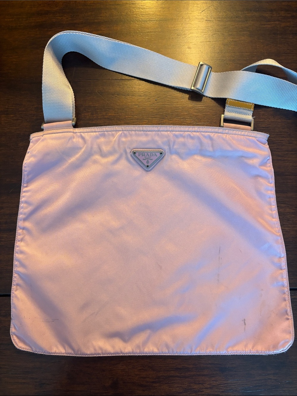 Authentic Prada Light Pink Nylon Messenger Bag with White Strap